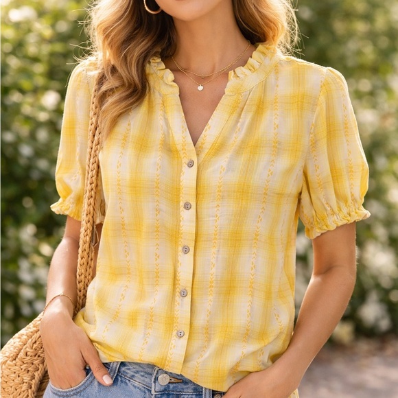 FRYE AND CO. Tops - Frye & Co Yellow Plaid Ruffle Blouse Boho Cottagecore Top Size L